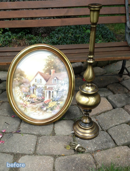 oval brass frame and brass lamp base