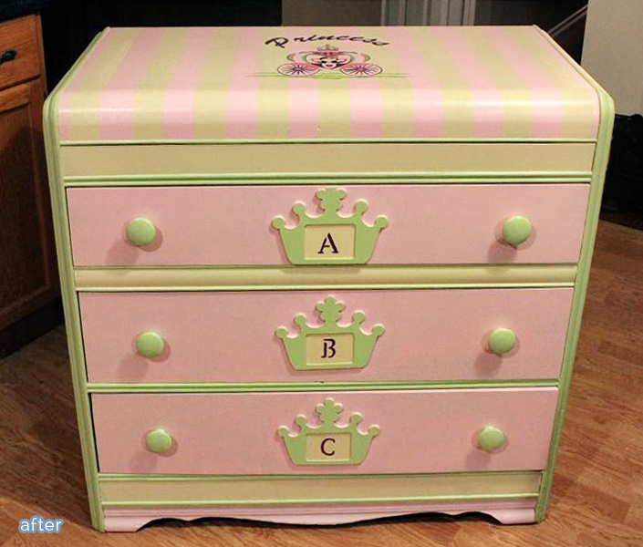 after: pink and green striped princess dresser Princess dresser makeover on betterafter.net