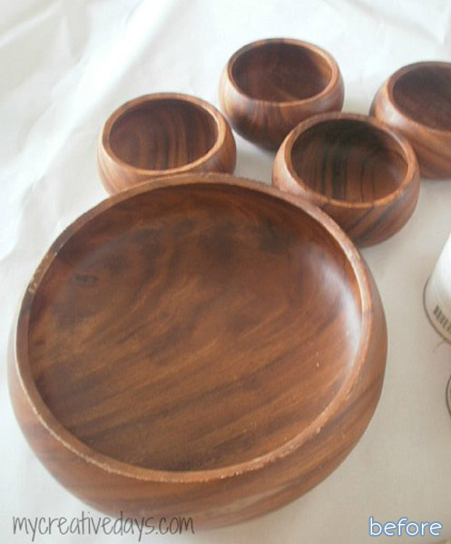wooden bowls turned stools before Odds and Ends makeovers at betterafter.net