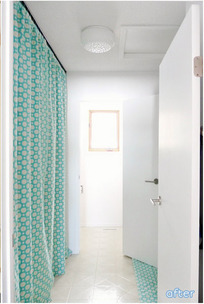 Laundry room makeover with curtain track on ceiling. betterafter.net