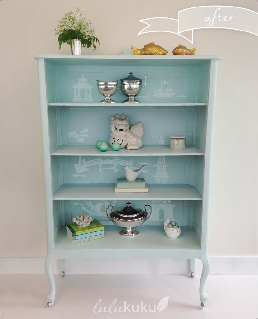 Chinoiserie china cabinet makeover with Lulukuku custom decals