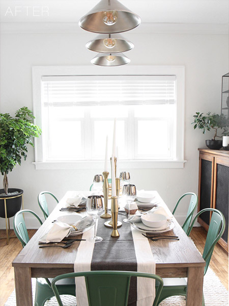 minimalist dining room with neutral pallete and green industrial chairs