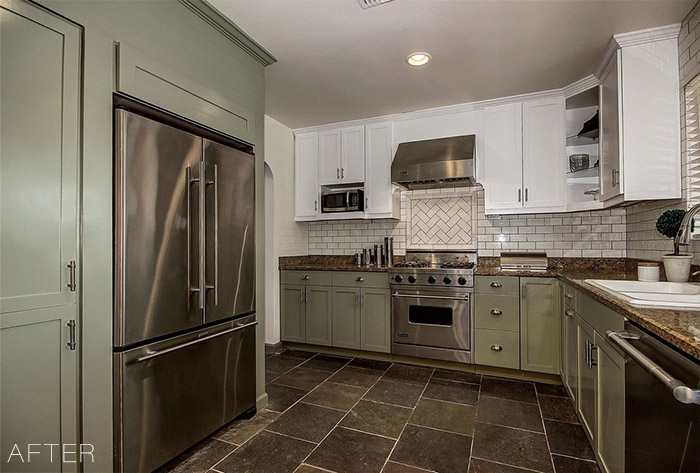 Subway tile wall is now a focal point in this dramatic kitchen makeover.